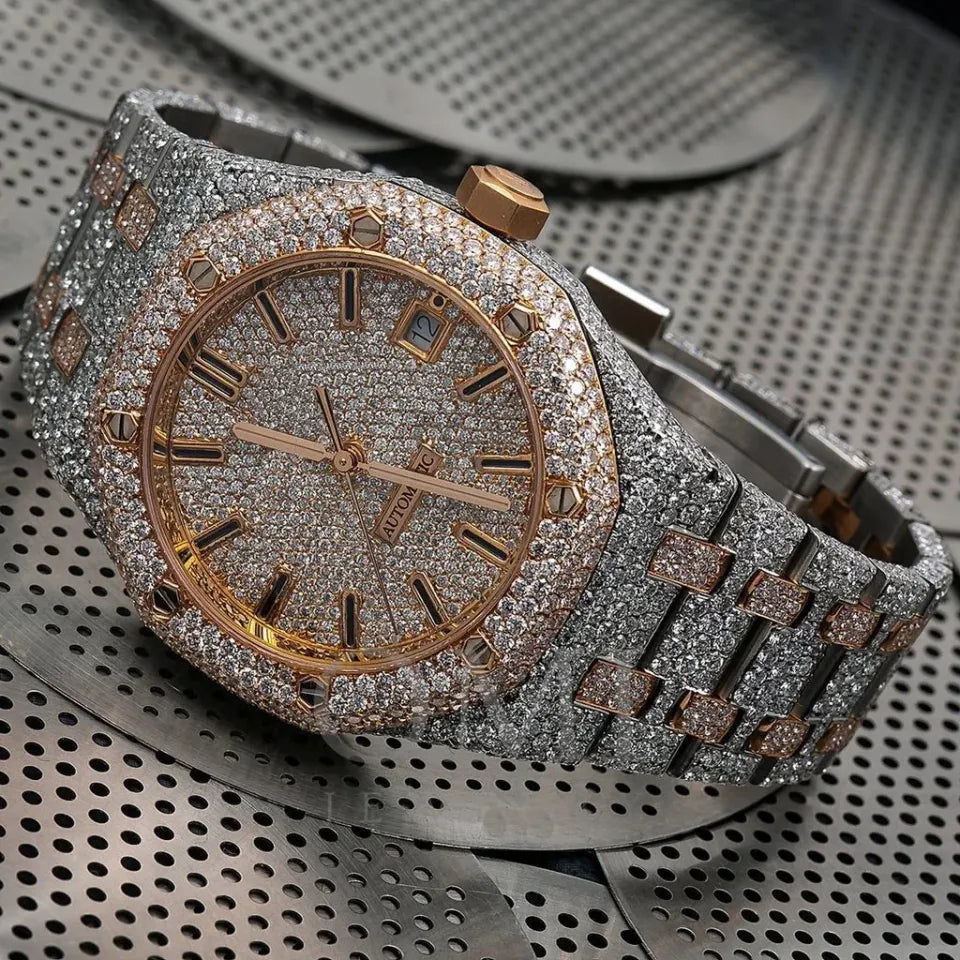 DAZZLING 41MM ROSE TONE DIAL DIAMOND WATCH