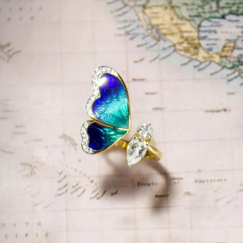 One Wing Blue Butterfly Diamond Ring