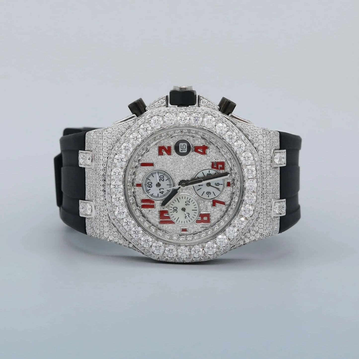 Moissanite Only Bezel Iced Out Red Dial With Rubber Still Band Watch/ Diamond Watch / Moissnite watch / Bust down Watch.