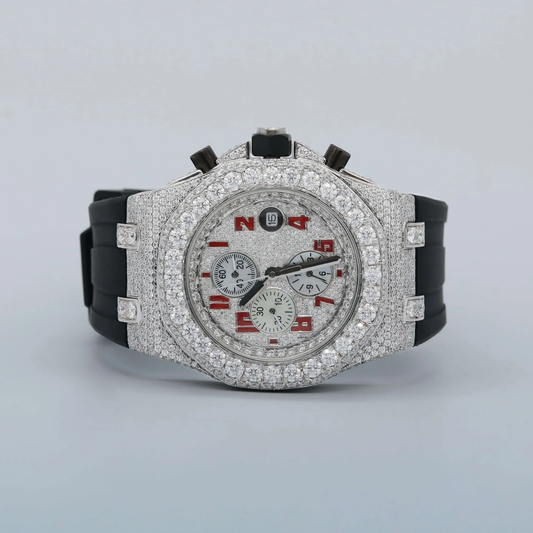 Moissanite Only Bezel Iced Out Red Dial With Rubber Still Band Watch/ Diamond Watch / Moissnite watch / Bust down Watch.