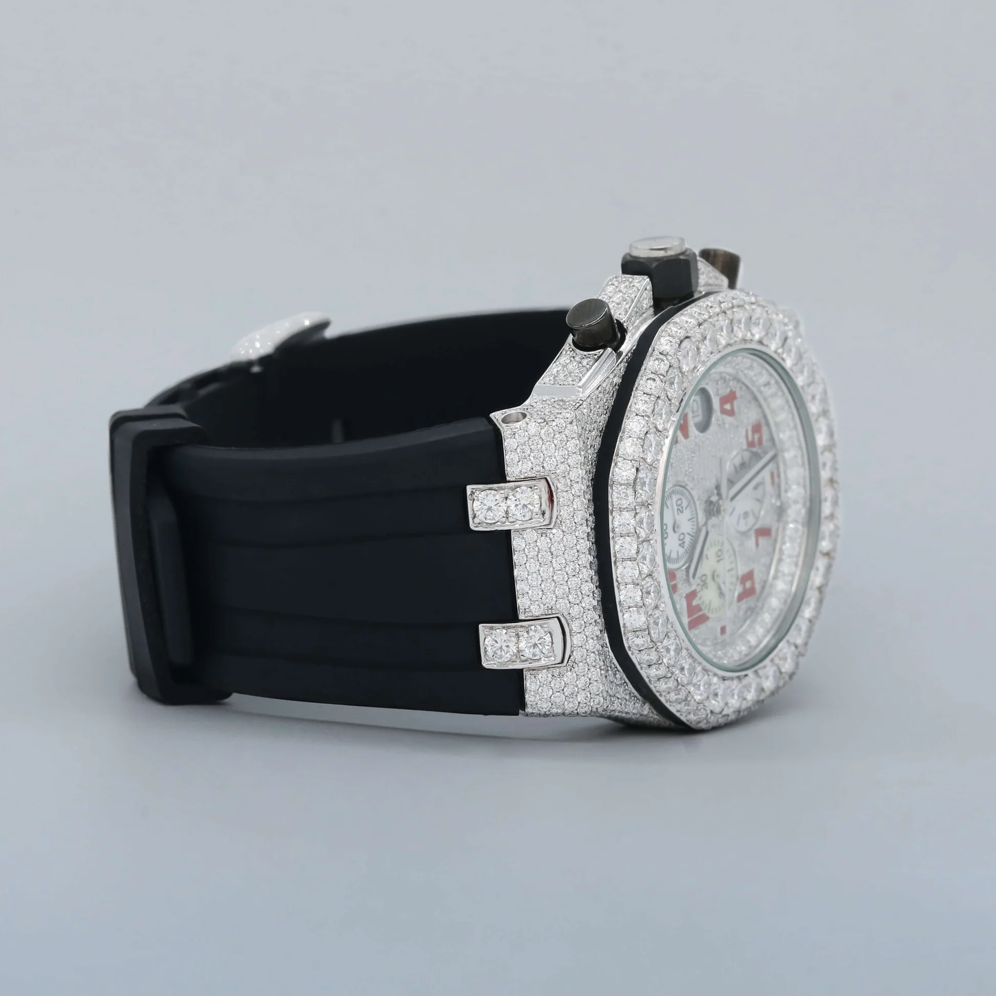 Moissanite Only Bezel Iced Out Red Dial With Rubber Still Band Watch/ Diamond Watch / Moissnite watch / Bust down Watch.