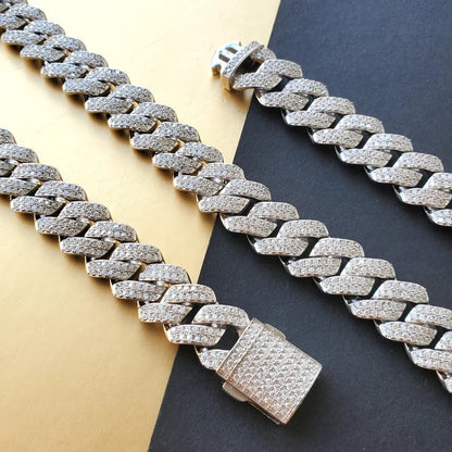 Final Sale 12mm Monaco Cuban Link Chain in 925 Sterling Silver CZ Necklace / Bracelet