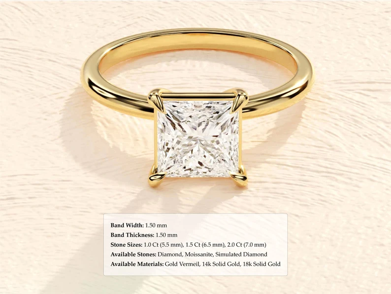 Princess Cut Engagement Ring in 14k Solid Gold / 1.50 CT Moissanite Engagement Ring / Princess Solitaire Moissanite Ring / Gold Promise Ring