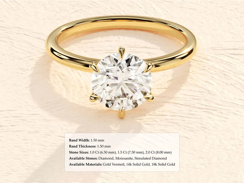 6-Prong Round Engagement Ring in 14k Solid Gold / 1, 1.5, 2 CT Moissanite Engagement Rings / Solitaire Moissanite Ring / Gold Promise Ring