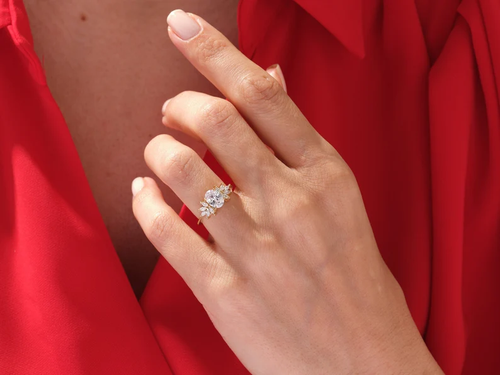 1.50 - 2.00 CT Oval Cut Moissanite Engagement Ring with Marquise Side Stones / 14K Solid Gold Vintage-Inspired Ring / Marquise Cluster Ring