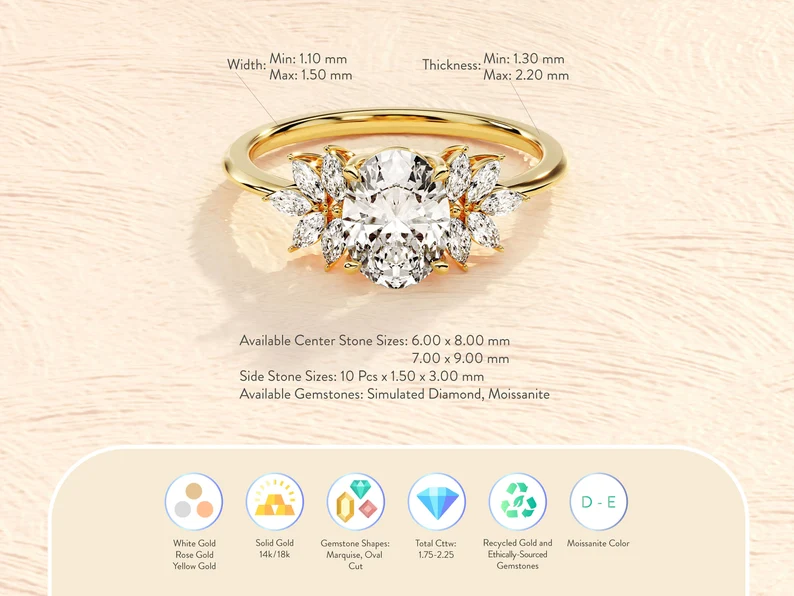 1.50 - 2.00 CT Oval Cut Moissanite Engagement Ring with Marquise Side Stones / 14K Solid Gold Vintage-Inspired Ring / Marquise Cluster Ring