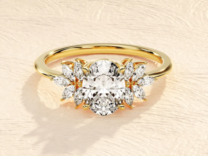 1.50 - 2.00 CT Oval Cut Moissanite Engagement Ring with Marquise Side Stones / 14K Solid Gold Vintage-Inspired Ring / Marquise Cluster Ring